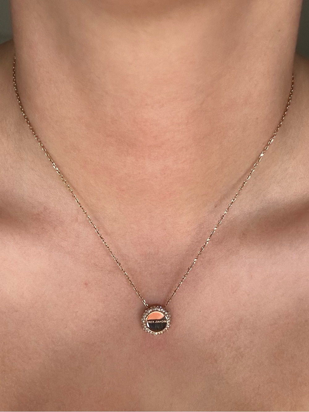 Michael Kors Rose Gold Round Pendant Necklace with Crystal Halo
